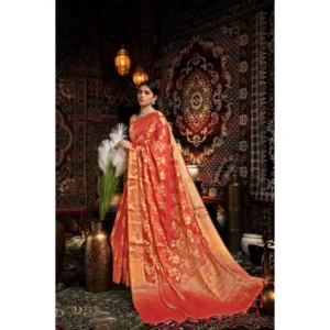 Tulip Art's  Women's Organza Woven Saree With Unstitched Blouse 5.5Mtr (Red)