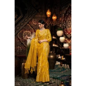 Tulip Art's  Women's Organza Woven Saree With Unstitched Blouse 5.5Mtr (Yellow)