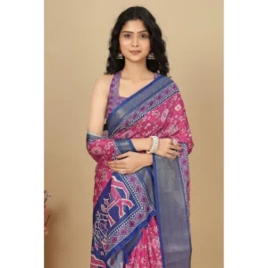 Tulip Art Women's Cotton Silk Printed Saree With Unstitched Blouse 5.5Mtr (Pink)